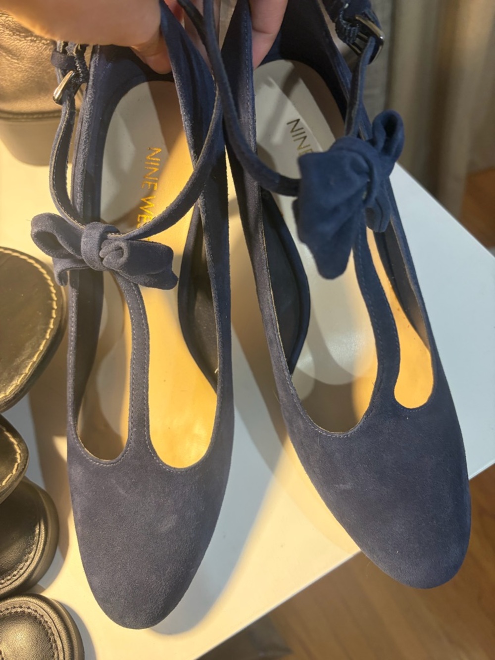Nine West Navy Suede T-Strap Pumps with Bow Accent